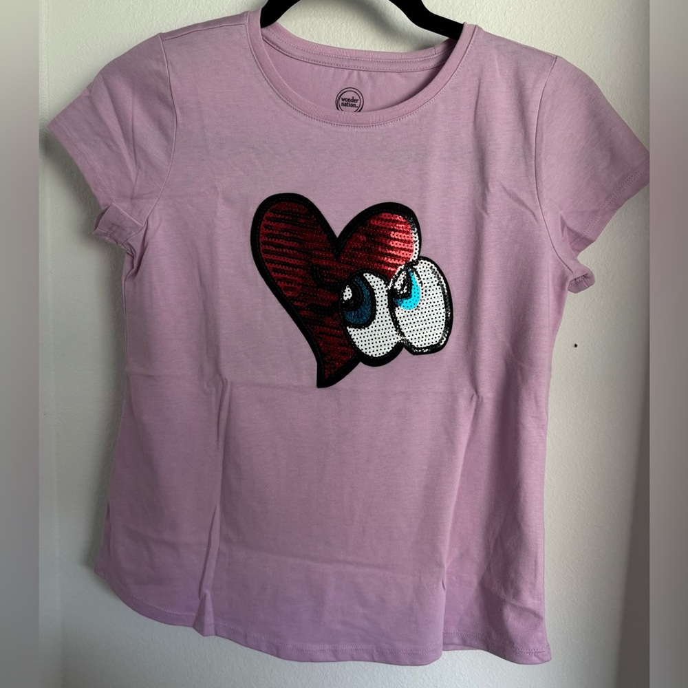 Wonder Nation Lavender T-Shirt with Sequin Heart Eyes size10/12 new without tags